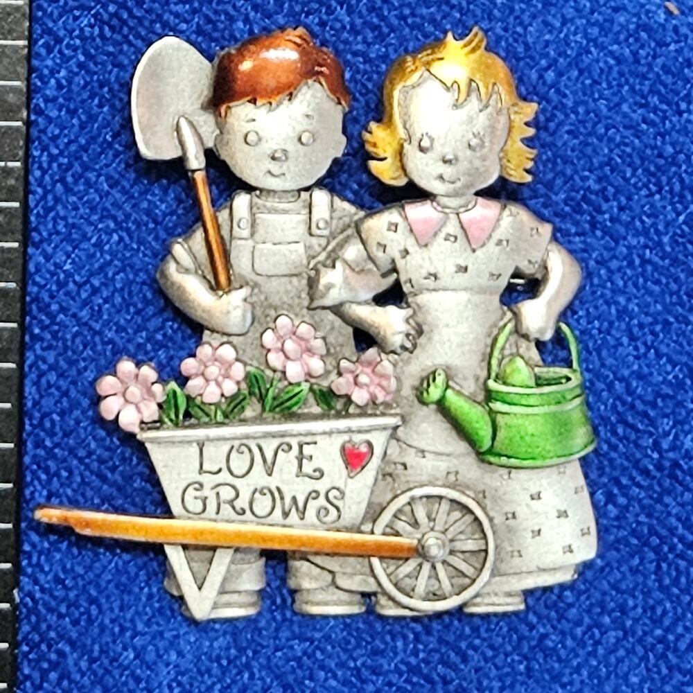 Vintage JJ Jonette Jewelry "Love Grows" Gardening Boy & Girl Pewter Brooch
